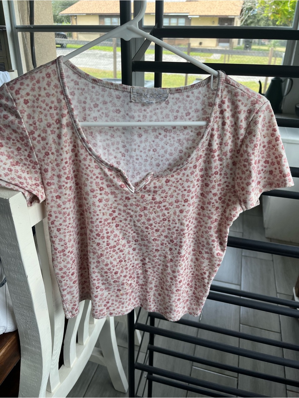 Pink Rose Pink & Cream Floral Crop Top with Notch Neck